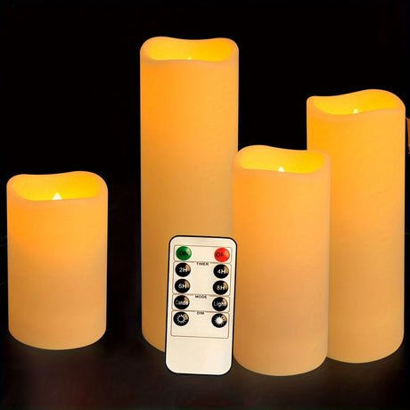 Set of four flameless candles with a remote control on a black background