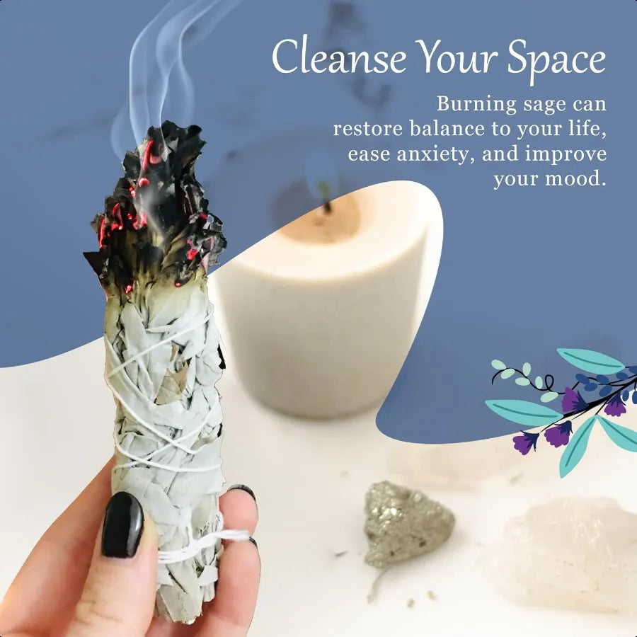 Sage bundle being burned with a candle and text about its benefits on a blue background