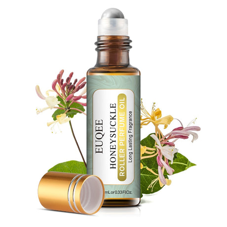 EUQE® Honeysuckle roller perfume oil with flowers on a white background