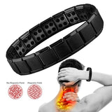 Black magnetic therapy belt for neck pain relief with a person using it and a diagram showing magnetic field effects.