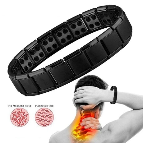Black magnetic therapy belt for neck pain relief with a person using it and a diagram showing magnetic field effects.