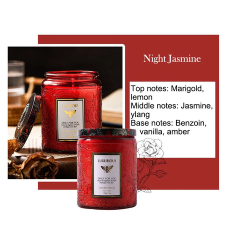 Red candle with 'Luxurious' branding and 'Night Jasmine' description on a white background.