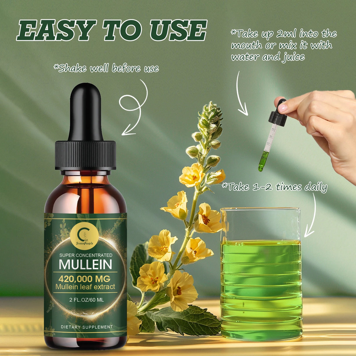 Super concentrated mullein dietary supplement bottle with dropper, flowers, and glass of liquid on a green background.