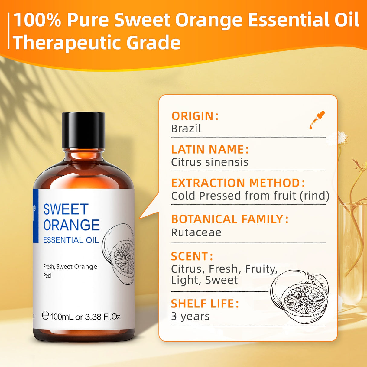 Bottle of Sweet Orange Essential Oil with product details on a yellow background