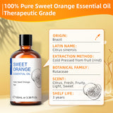 Bottle of Sweet Orange Essential Oil with product details on a yellow background