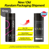 Two Sevich hair building fiber cans with packaging changes on a yellow background