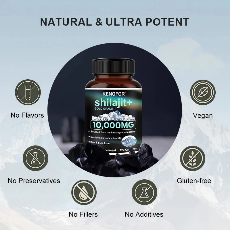 Kenfor Shilajit+ supplement bottle with product details on a light blue background