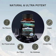 Kenfor Shilajit+ supplement bottle with product details on a light blue background