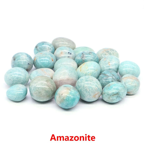Collection of Amazonite stones on a white background with 'Amazonite' text.