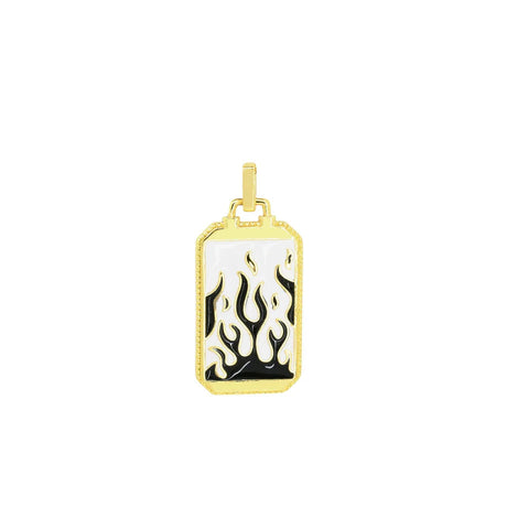 Gold pendant with flame design on a white background