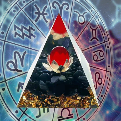 Triangular symbol with red and gold elements inside a zodiac wheel