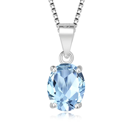 Silver necklace with a blue gemstone pendant on a white background