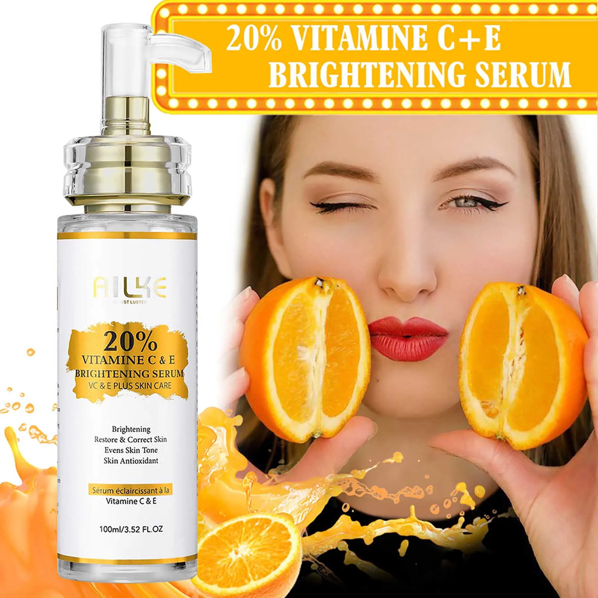 Vitamin C+E brightening serum with a woman holding oranges and text overlay on a white background