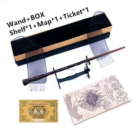 Harry Potter-themed set with wand, box, shelf, map, and ticket on a white background