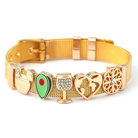 Gold dog collar with decorative charms on a white background