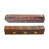 Two wooden incense holders with decorative patterns on a white background
