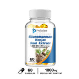 Supplement bottle labeled 'Glucomannan Konjac Root Extract' by Psalae on a white background