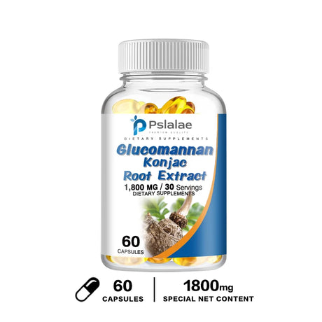Supplement bottle labeled 'Glucomannan Konjac Root Extract' by Psalae on a white background