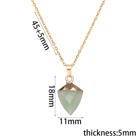 Gold necklace with green pendant and measurement details on a white background