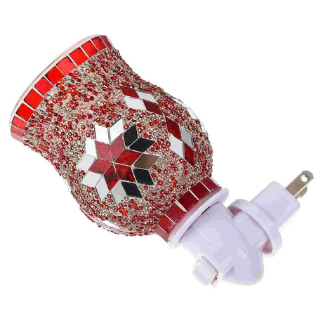 Decorative wall plug with red and silver geometric design on a white background