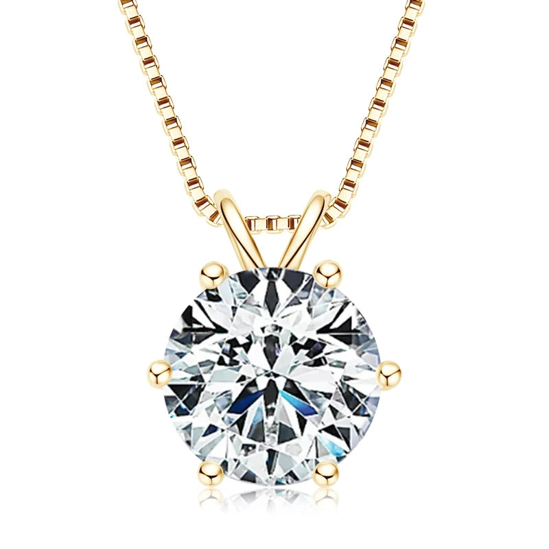 Gold necklace with a round diamond pendant on a white background