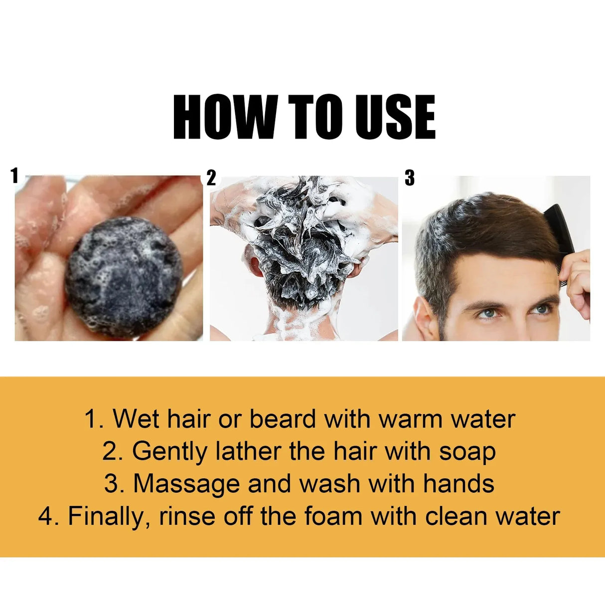 Instructions on how to use a hair or beard product with visual steps and text.