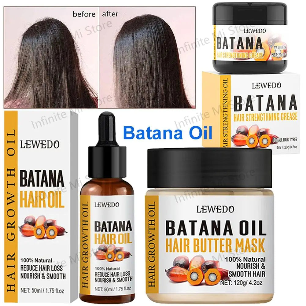 Collection of Lewedo Batana Oil hair care products with before and after images.