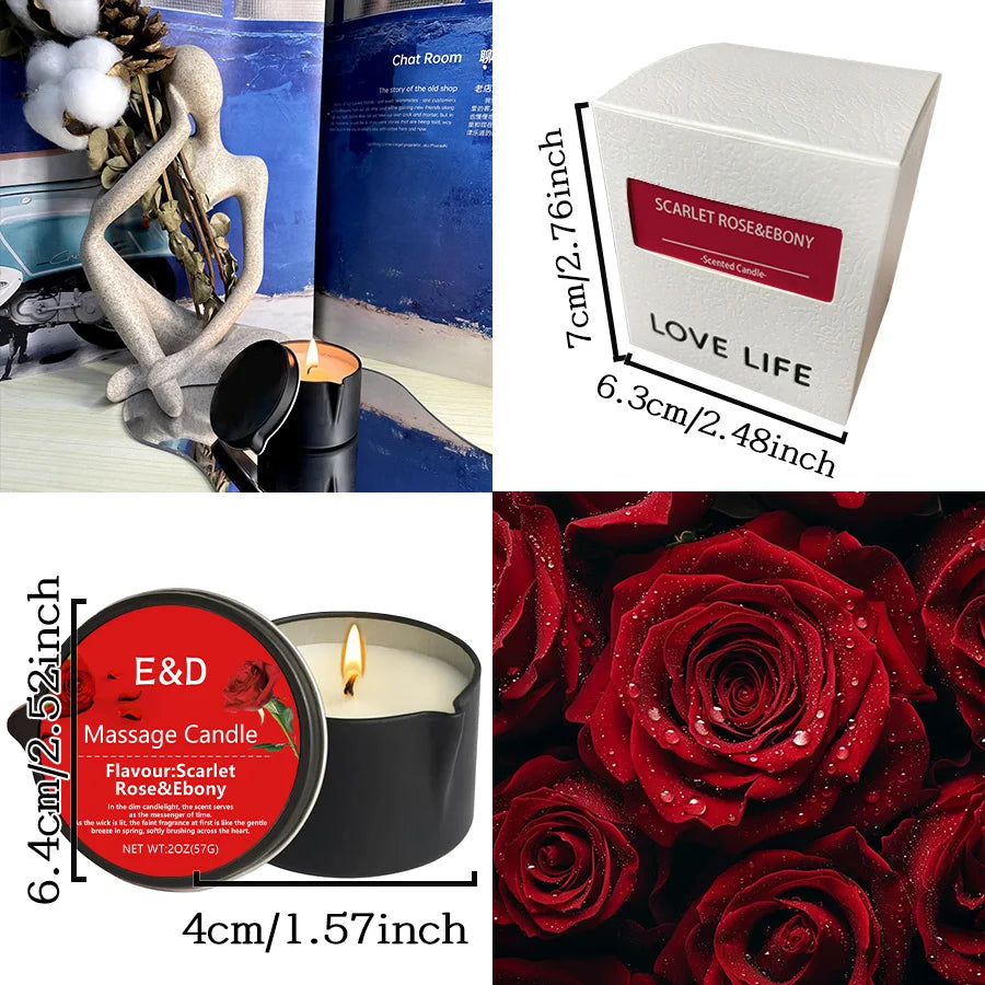 Collage of candles, a box labeled 'Scarlet Rose&Bony', and red roses with measurements.