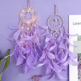Purple dreamcatcher with feathers and lights on a purple background