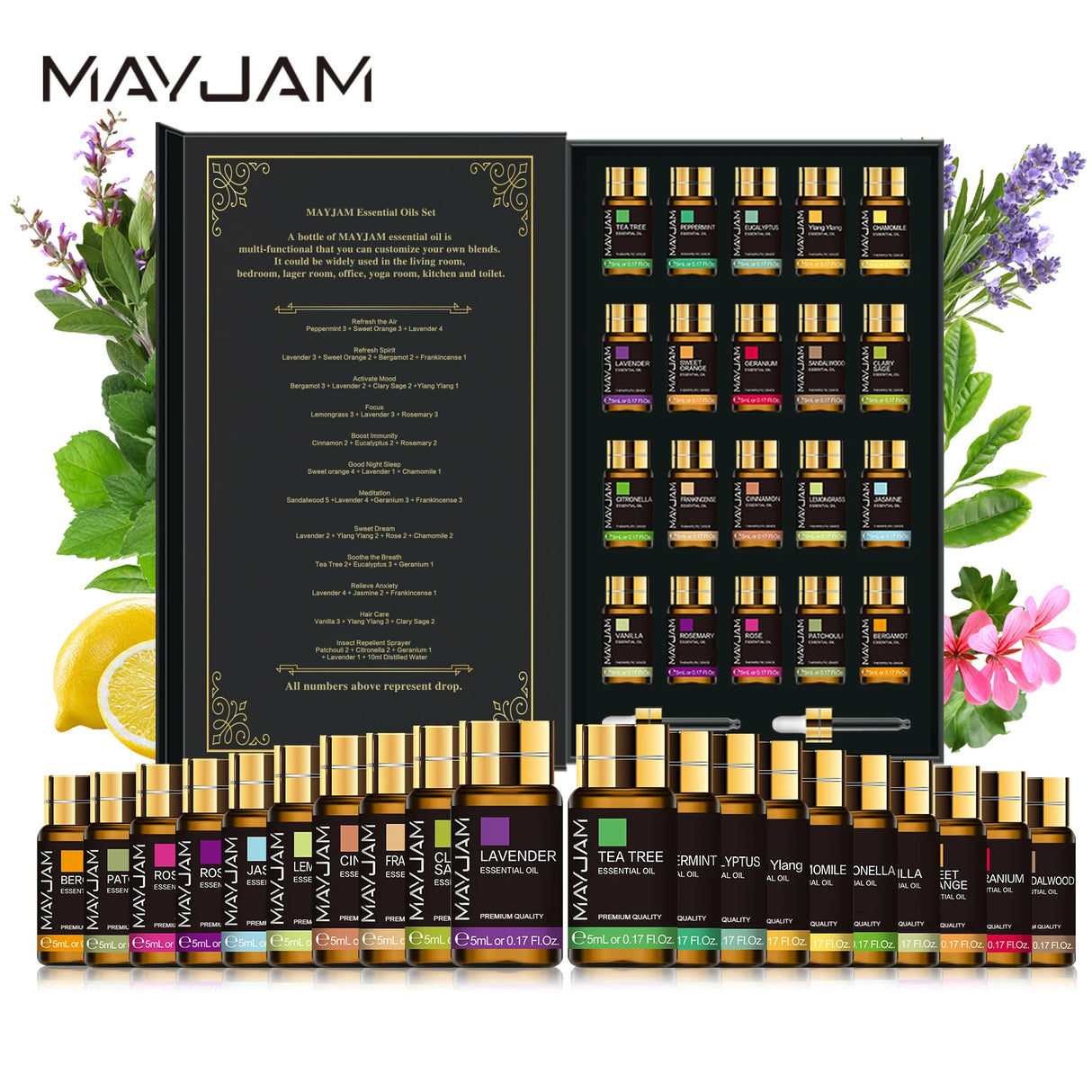 Mayjam essential oils set with a black packaging box featuring product images and names.