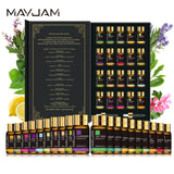 Mayjam essential oils set with a black packaging box featuring product images and names.