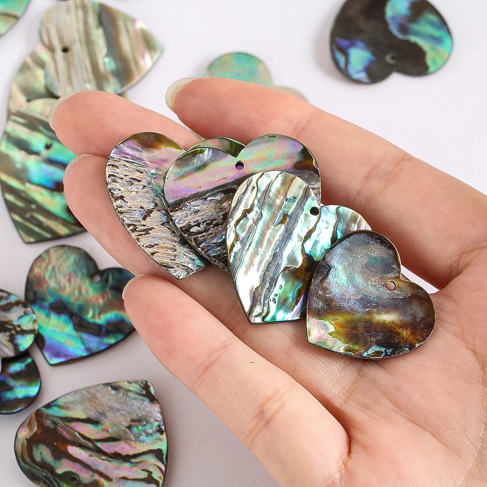 Hand holding heart-shaped abalone shells with a white background