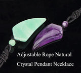 Adjustable rope natural crystal pendant necklace with green and purple stones on a black background