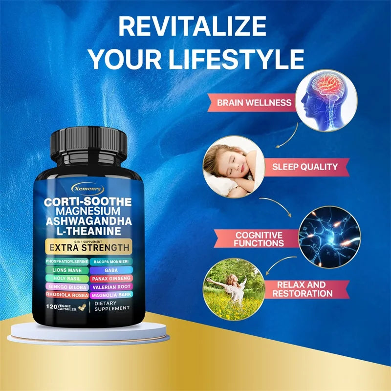 Supplement bottle with wellness benefits on a blue and gold background