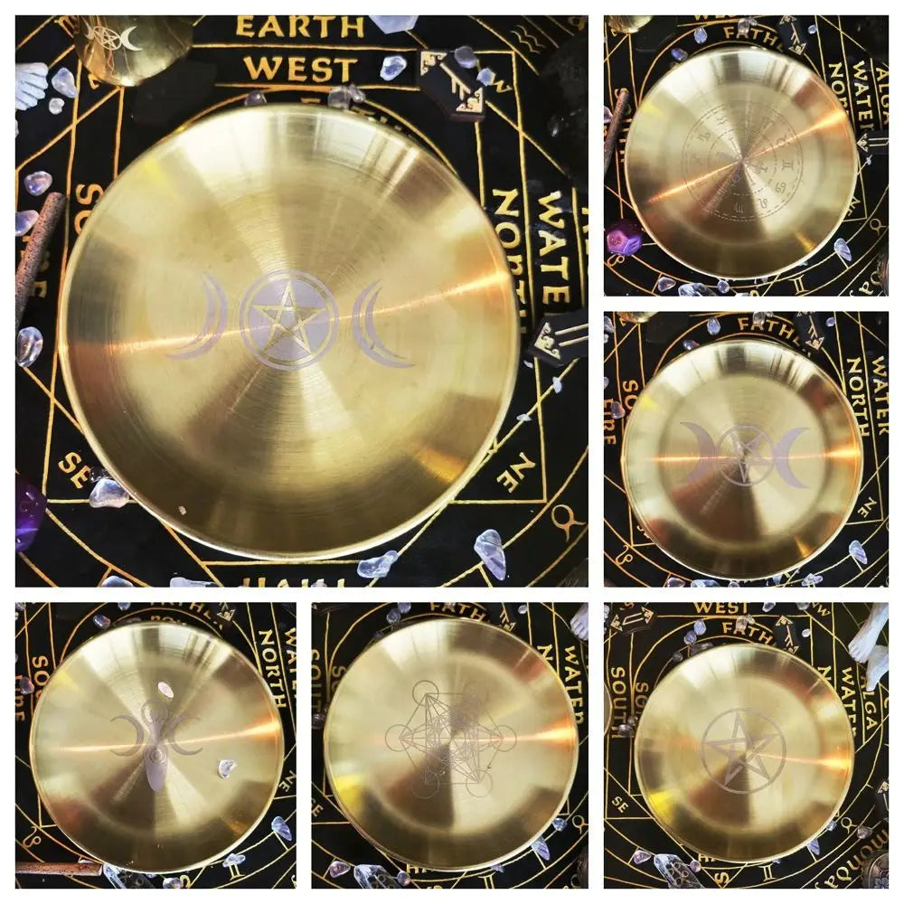 Collage of a gold disc with star and moon designs on a black background with text.