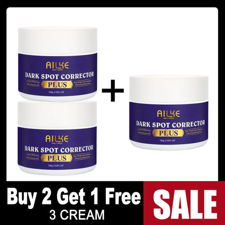 Three containers of Ailye Dark Spot Corrector Plus with a buy two get one free offer on a white background.
