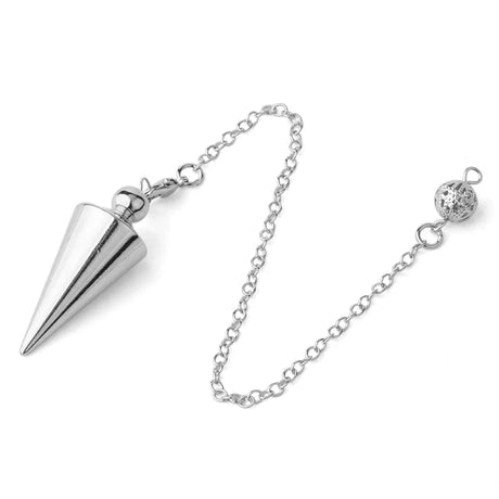 Silver cone-shaped pendant on a chain with a clasp against a white background