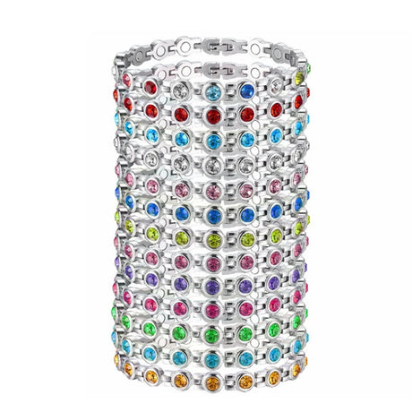 Silver bracelet with multicolored gemstones on a white background