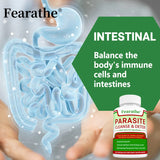 Supplement bottle labeled 'Parasite Cleanse & Detox' with an illustration of intestines and text about immune cells and intestines balance.