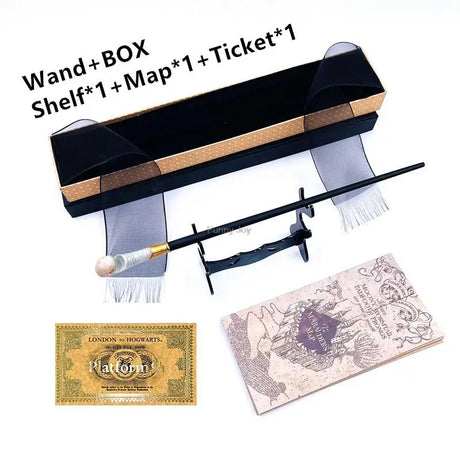 Harry Potter-themed wand, box, shelf, map, and ticket on a white background