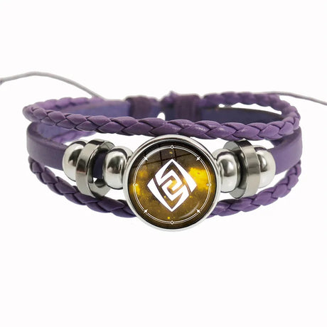 Purple braided bracelet with metallic and yellow stone centerpiece on a white background
