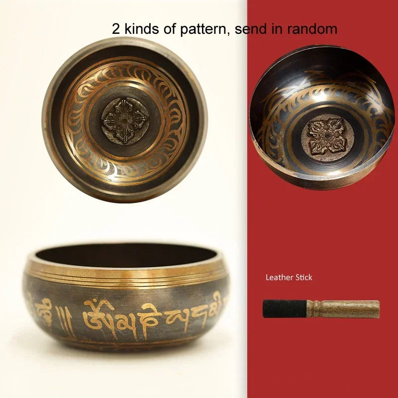 Decorative bronze bowl with engraved patterns on a white and red background