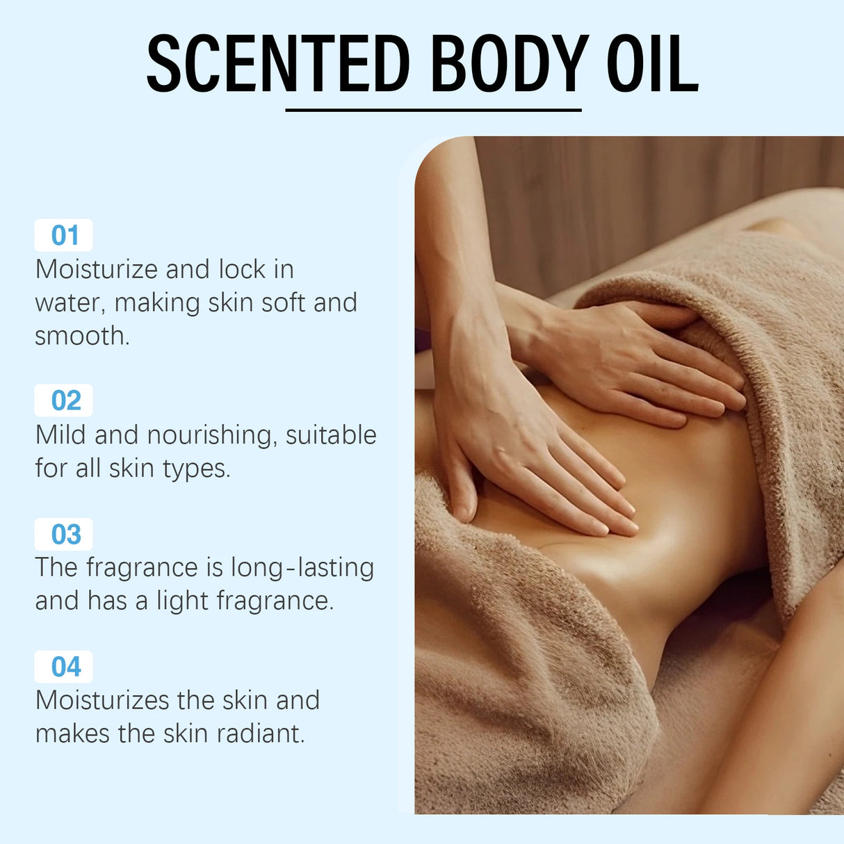 Person receiving a massage with a towel draped over them, promoting scented body oil.