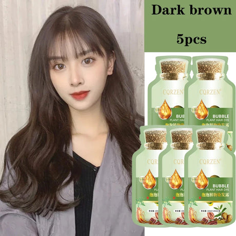Woman with dark brown hair next to bottles of Corzen Bubble Plant Hair Dye in dark brown color.