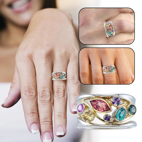 Close-up of a hand wearing a colorful gemstone ring with additional views inset.