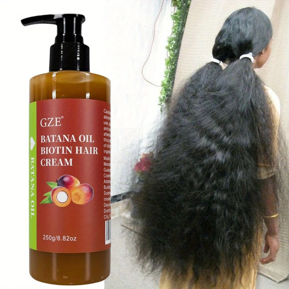 Bottle of GZE Batana Oil Biotin Hair Cream with a person displaying long hair.