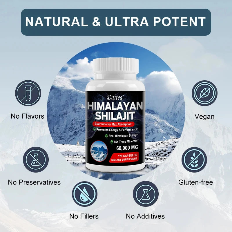 Himalayan Shilajit supplement bottle with mountain background and feature icons.