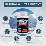Himalayan Shilajit supplement bottle with mountain background and feature icons.