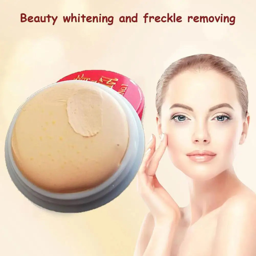 Cosmetic cream jar with a woman's face on a beige background, promoting beauty whitening and freckle removal.