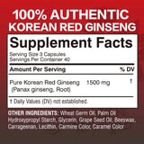 Supplement label for 100% Authentic Korean Red Ginseng with supplement facts and ingredients listed.